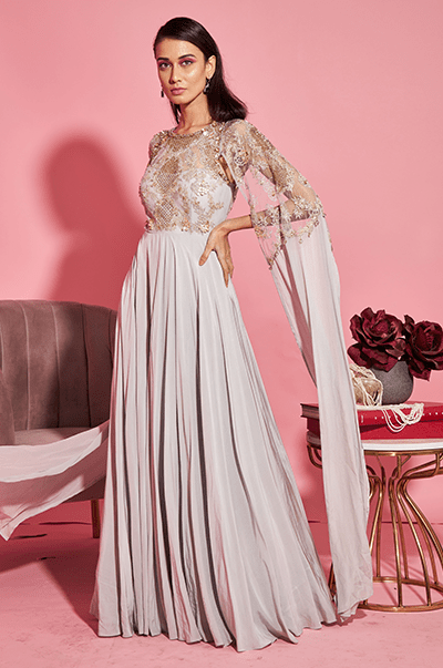 <b>SANYA GULATI</b><br>Grey Embroidered Gown With Attached Sleeves - Anahita