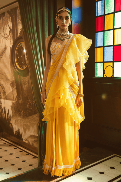<b>SANYA GULATI</b><br>Mango Pre Stitched Ruffled Saree With Embroidered Bustier Blouse - Anahita