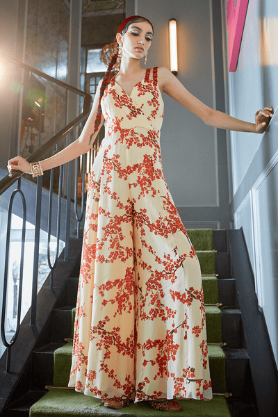 <b>SANYA GULATI</b><br>Ivory Cherry Blossom Print Jumpsuit - Anahita