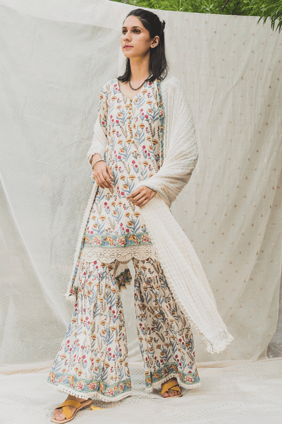 <b>TASHA</b> <br> Crochet Lace & Print Short Kurta Set - Anahita